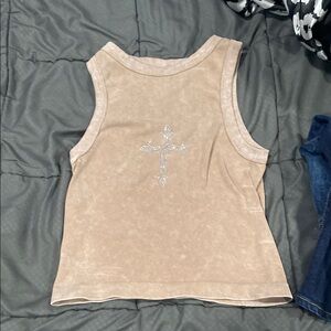 Women's Tan Sleeveless Top with Cross Design